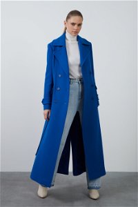 GIZIA - Wide Pocket Long Blue Coat With Mobile Belt