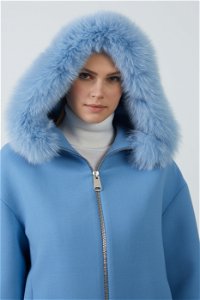 GIZIA - Hooded Fur Trimmed Box Form Short Blue Coat