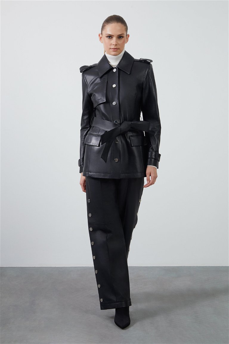 GIZIA - Black Leather Jacket With Shoulder Epaulette Detail Belted Slit 