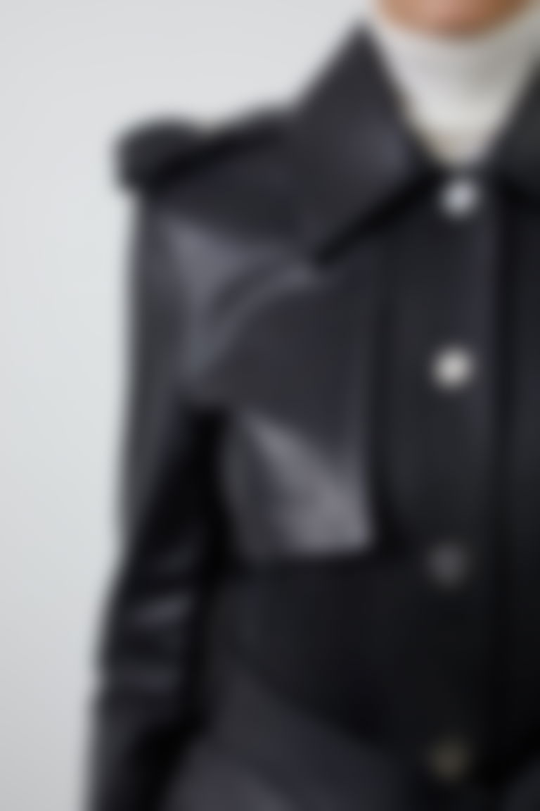 Black Leather Jacket With Shoulder Epaulette Detail Belted Slit 