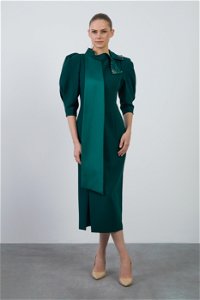 GIZIA - Embroidery Detail Front Slit Puff Sleeve Midi Length Green Dress
