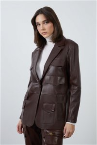 GIZIA - Sleeve Buckle Detail Multi-Pocketed Brown Leather Jacket