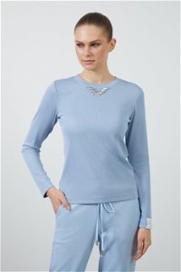 GIZIA SPORT - Kol Ucu Etiket Detaylı Yakası Taşlı Mavi Bluz