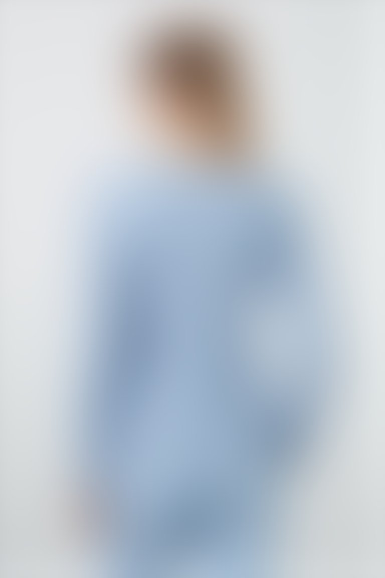 Kol Ucu Etiket Detaylı Yakası Taşlı Mavi Bluz