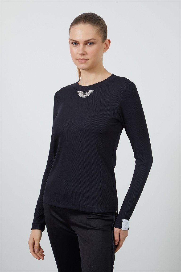 GIZIA SPORT - Kol Ucu Etiket Detaylı Yakası Taşlı Siyah Bluz