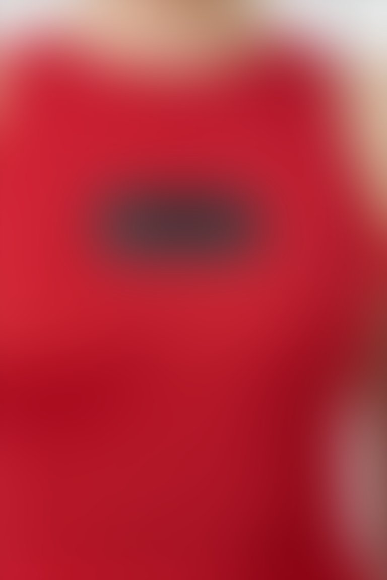 Ön Beden Etiket Detaylı Halter Yaka Kırmızı Bluz