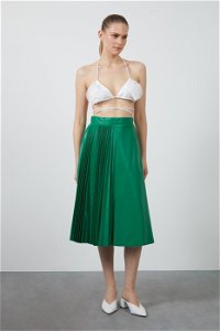 GIZIA - Asymmetrical Green Leather Skirt with Pleats on the Left Side