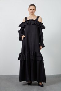 GIZIA - Ayarlanabilir Kalın Askılı Kolucu Büzgülü Uzun Siyah Keten Elbise
