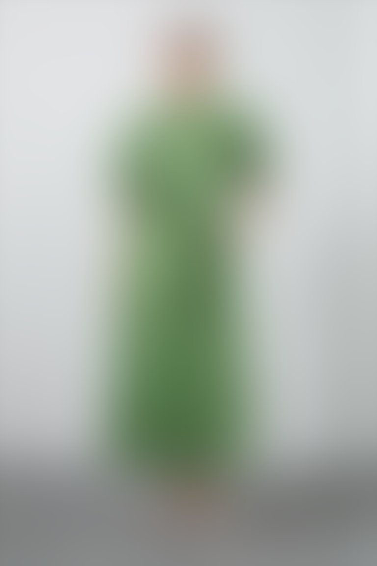  Ruffled Detail Ruched Sleeve Green Linen Dress
