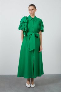 GIZIA - Volan Detaylı Büzgülü Kol Çimen Yeşili Keten Elbise