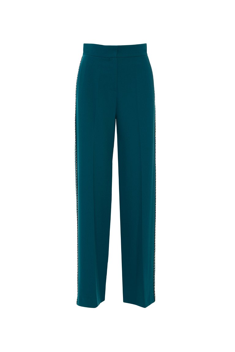 GIZIA - Yüksek Bel Pile Kemer Detaylı Bol Paça Yeşil Pantolon