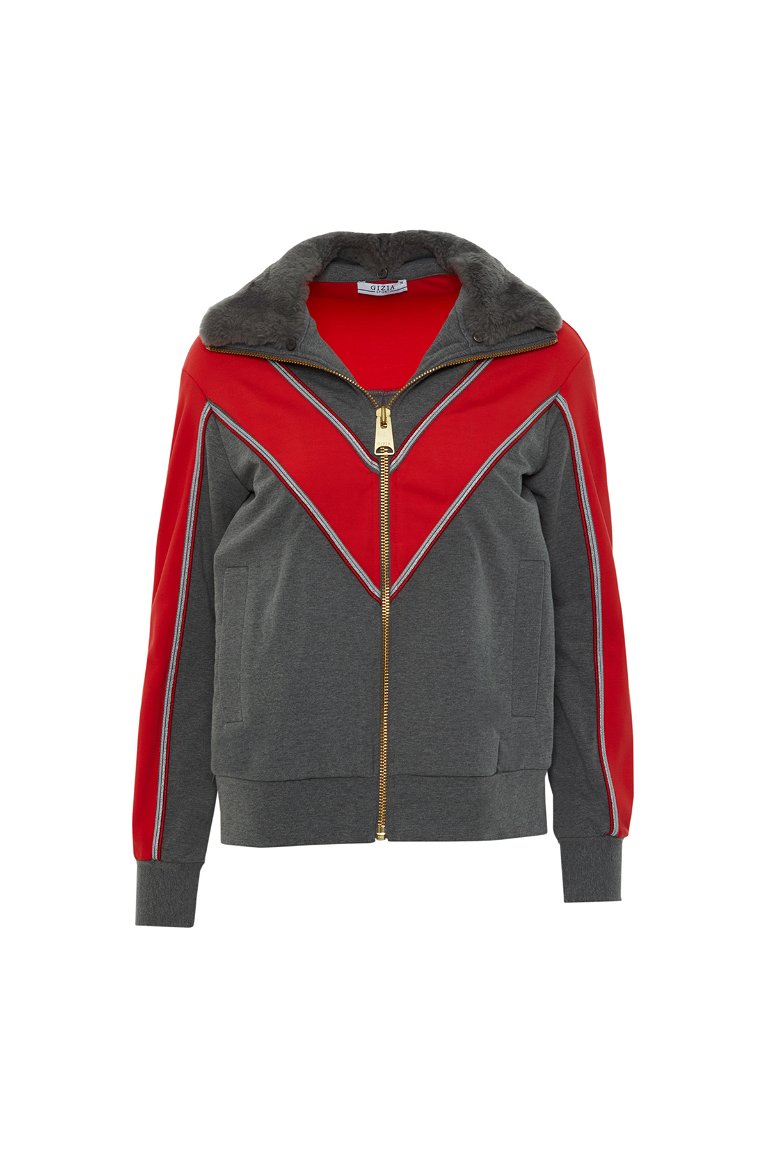GIZIA SPORT - Red Garnish Cupped Zip Front Grey Sweatshirt