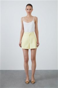 GIZIA - Belted Origami Detail Embroidered Pleated Yellow Shorts