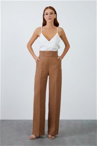 GIZIA - Tassel Detail Decorative Button Linen Brown Pants