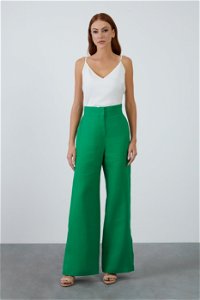 GIZIA - Kuşak Detaylı Bol Paça Keten Yeşil Pantolon