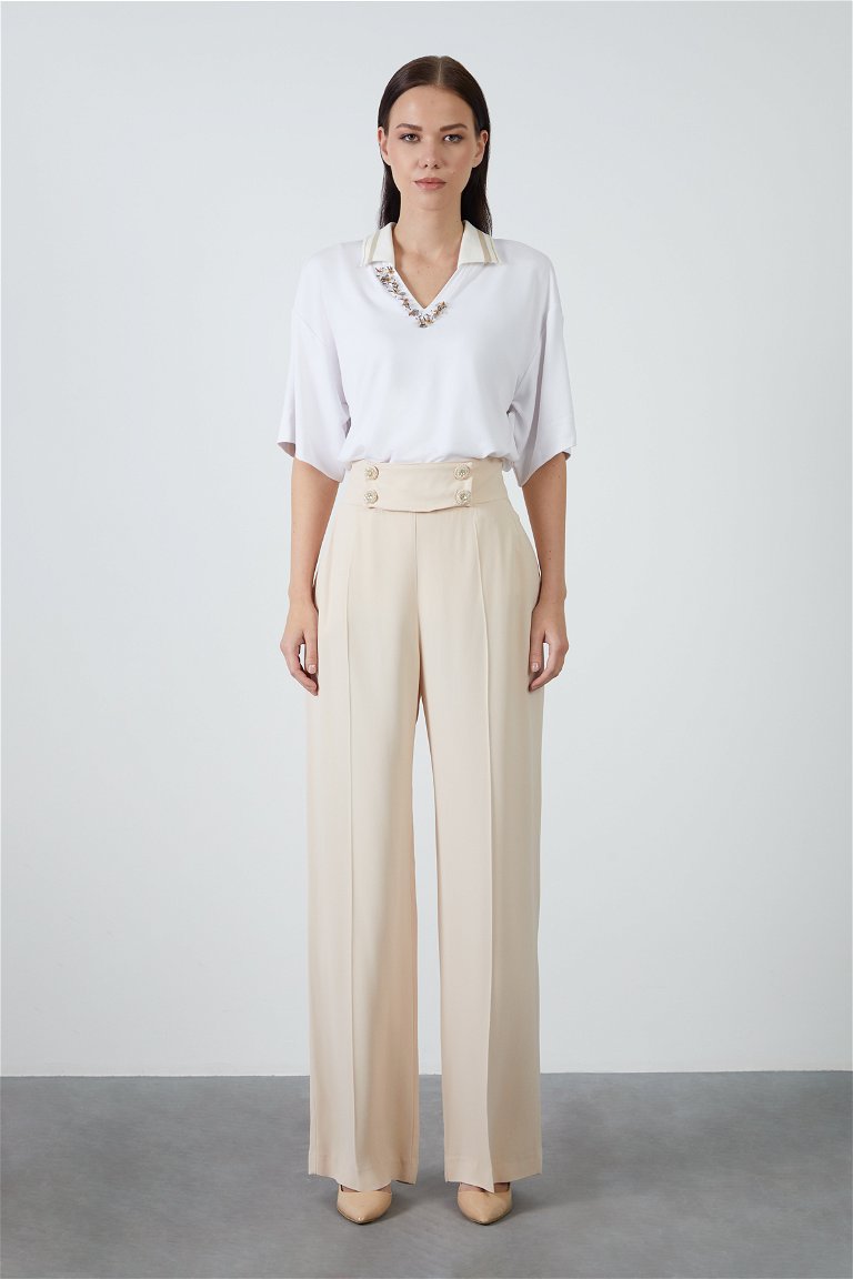 GIZIA - Button Detailed Embroidered Beige Pants