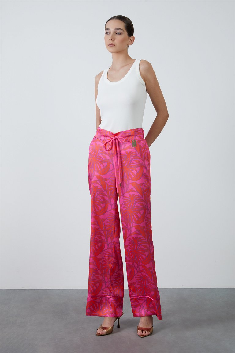 GIZIA SPORT - Plaka Detaylı Beli Bağcıklı Desenli Fuşya Pantolon