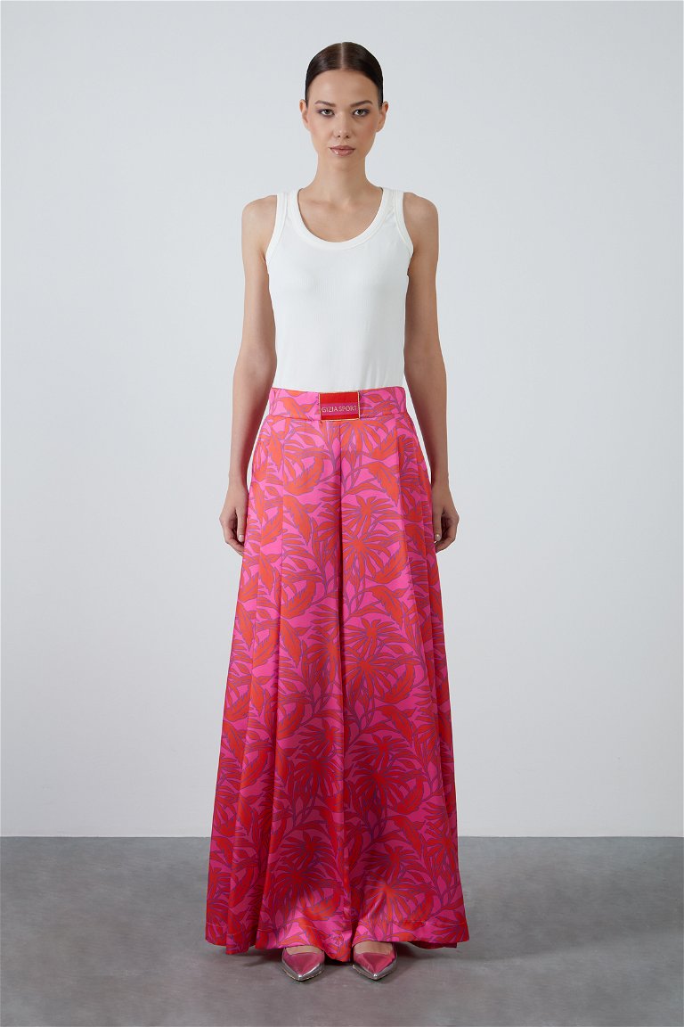 GIZIA SPORT - Tag Detailed Wide Leg Patterned Fuchsia Pants