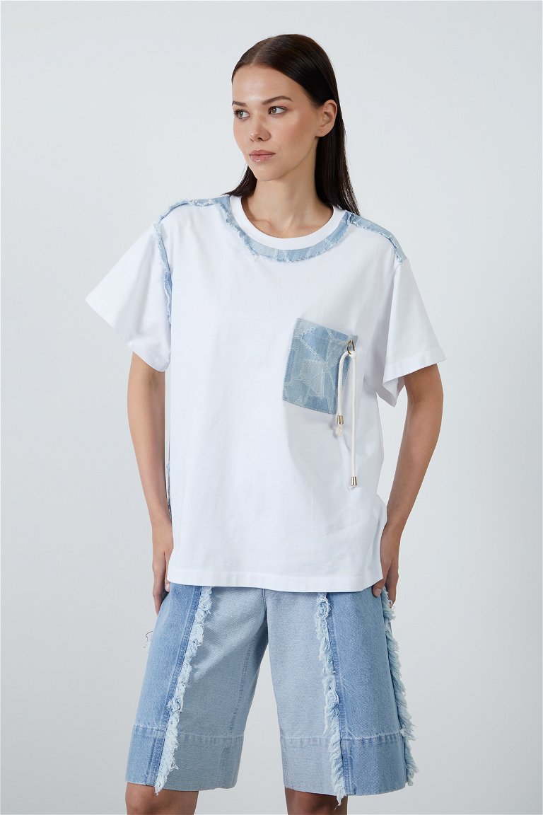 GIZIA - Patchwork Jean Detail White Basic T-Shirt