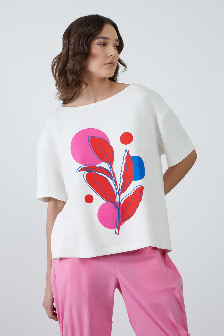 GIZIA SPORT - Ecru Blouse with Back Tie and Print Detail