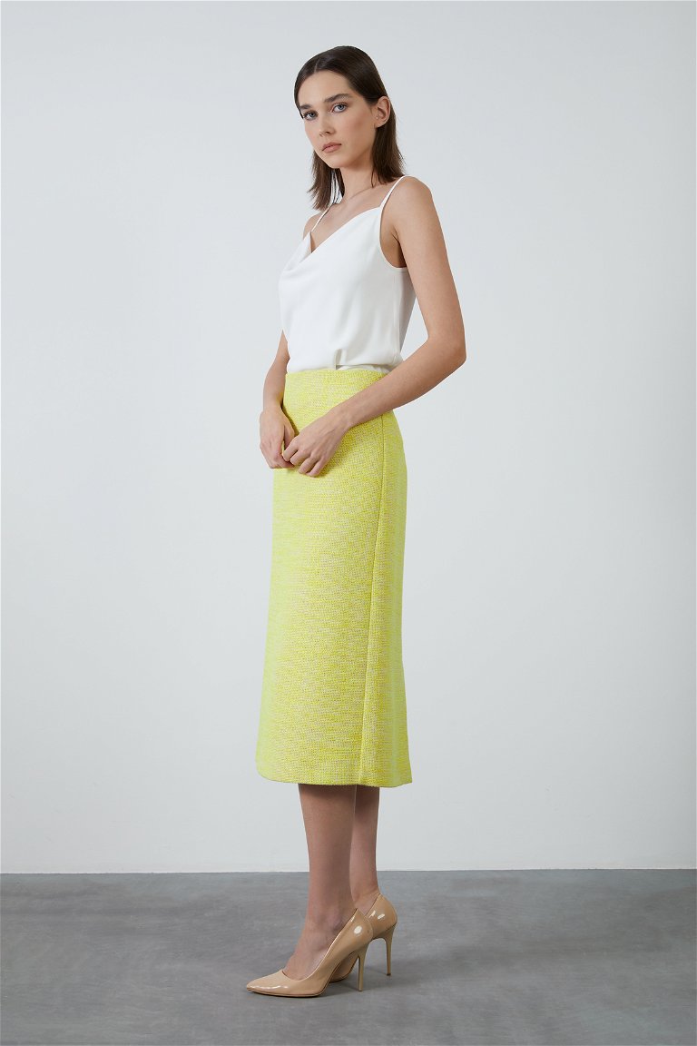 GIZIA - Yellow Skirt with Back Slit in Tweed Fabric