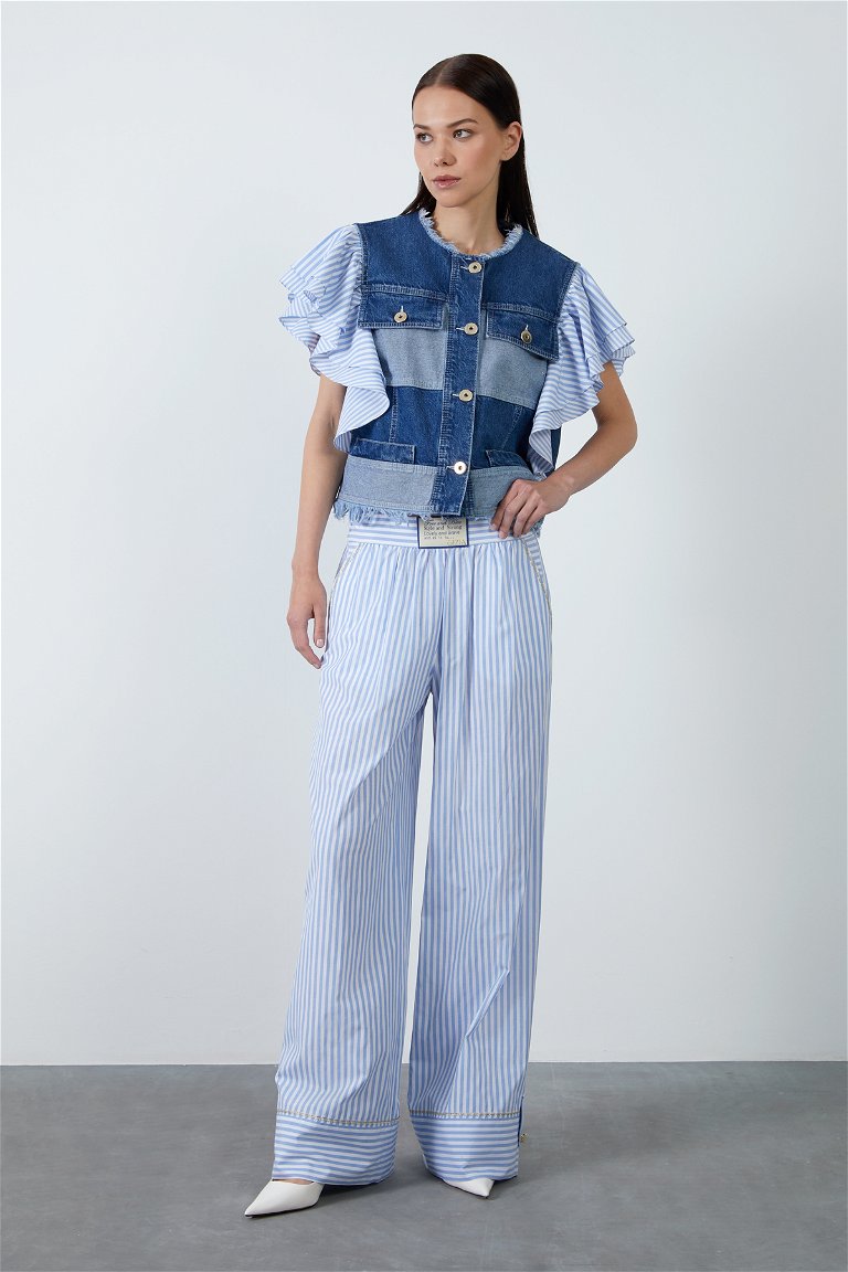 GIZIA - Tag Detailed Embroidered Striped Blue Pants