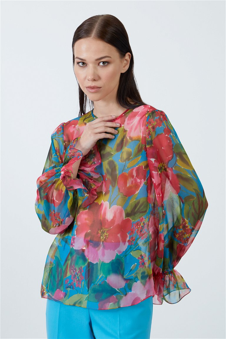 KIWE - Turquoise Chiffon Blouse With Flower Pattern