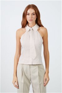 GIZIA CLASSIC - Shirt Collar Tie Shoulder Open Striped Brown Blouse