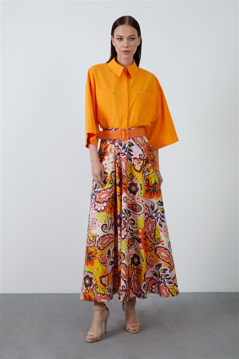 KIWE - Belted Patterned Long Orange Flared Skirt