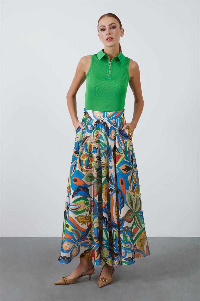KIWE - Patterned Chiffon Green Long Skirt