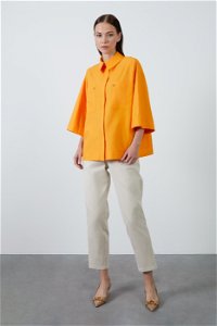 KIWE - Double Pocket Detail Metal Accessorized Three-Quarter Sleeve Oversized Orange Blouse