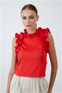 KIWE - Red Knitted Blouse With Collar And Sleeve Flywheel Detail