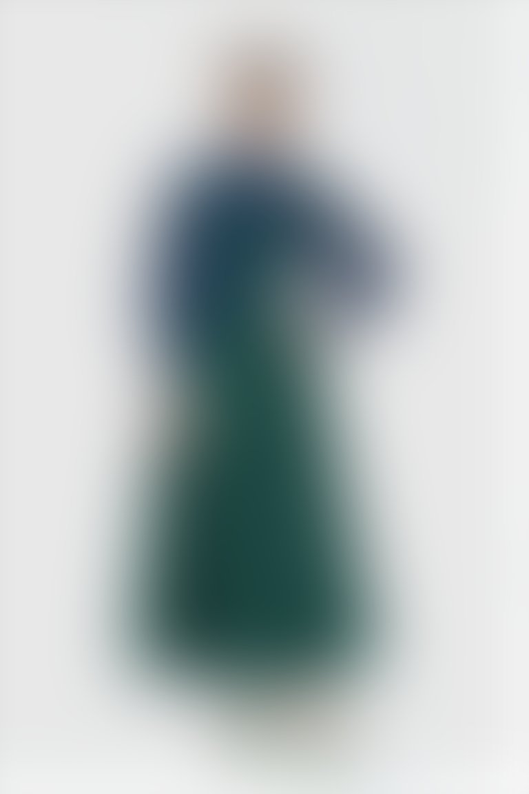 Ruffle Detail Belted Green Patterned Long Jacquard Dress