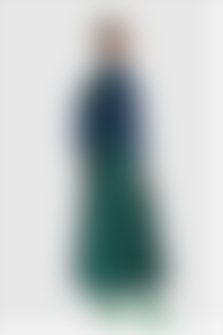 Fırfır Detaylı Kemerli Yeşil Desenli Uzun Jakar Elbise