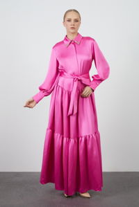 GIZIA - Satin Pink Dress with Embroidered Belt