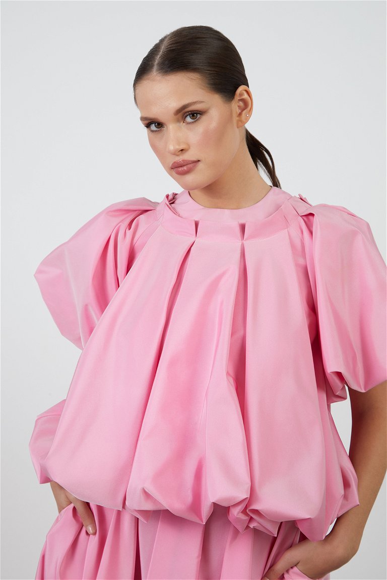 GIZIA - Ruffle Detailed Balloon Sleeve Pink Blouse
