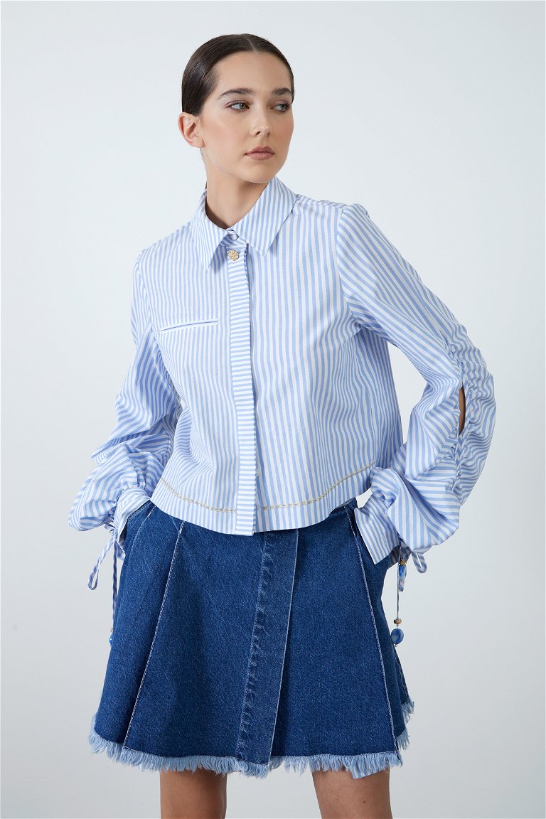 GIZIA - Ruffle Sleeve Detail Blue Striped Poplin Shirt