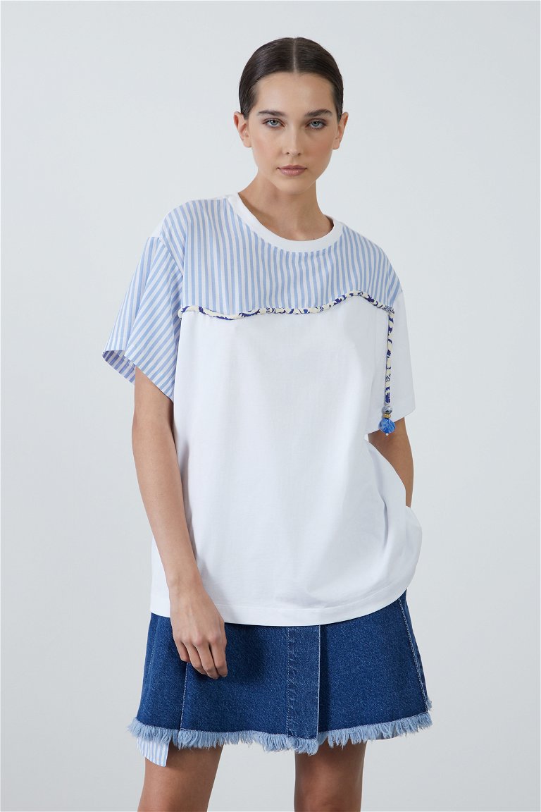 GIZIA - Embroidered Cord Detail Striped Poplin-Trimmed White T-shirt