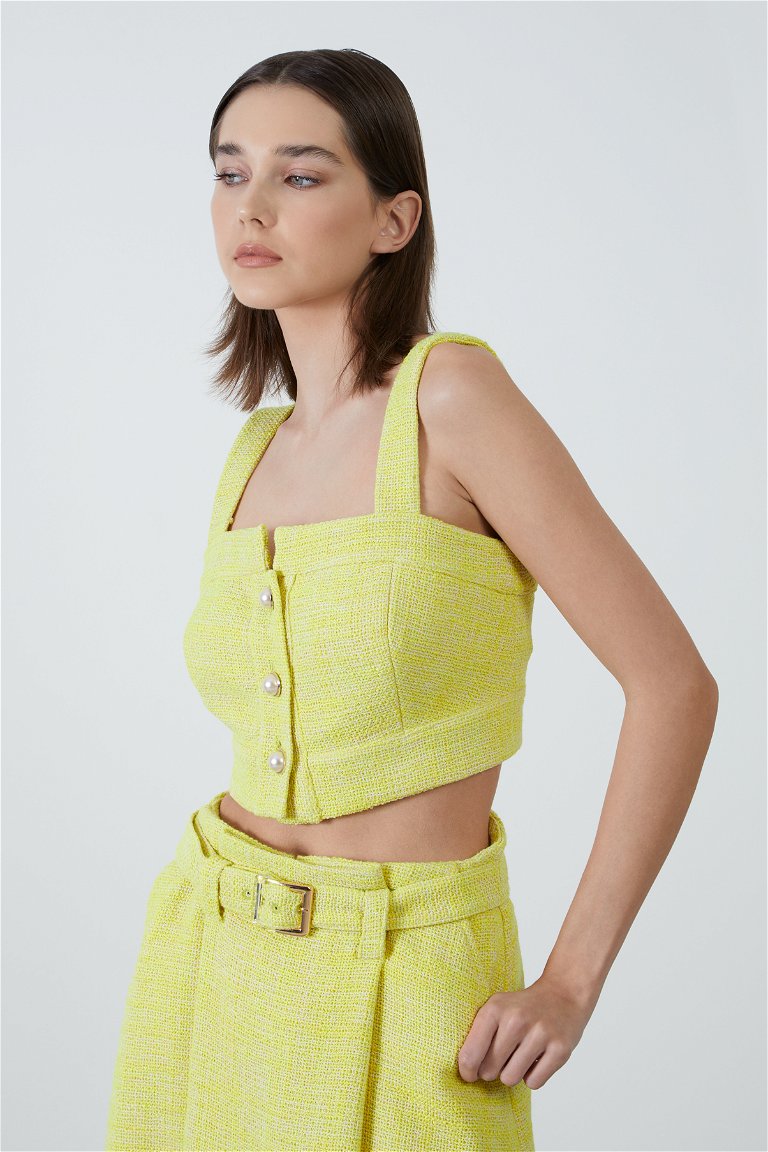 GIZIA - Yellow Crop Blouse with Pearl Buttons