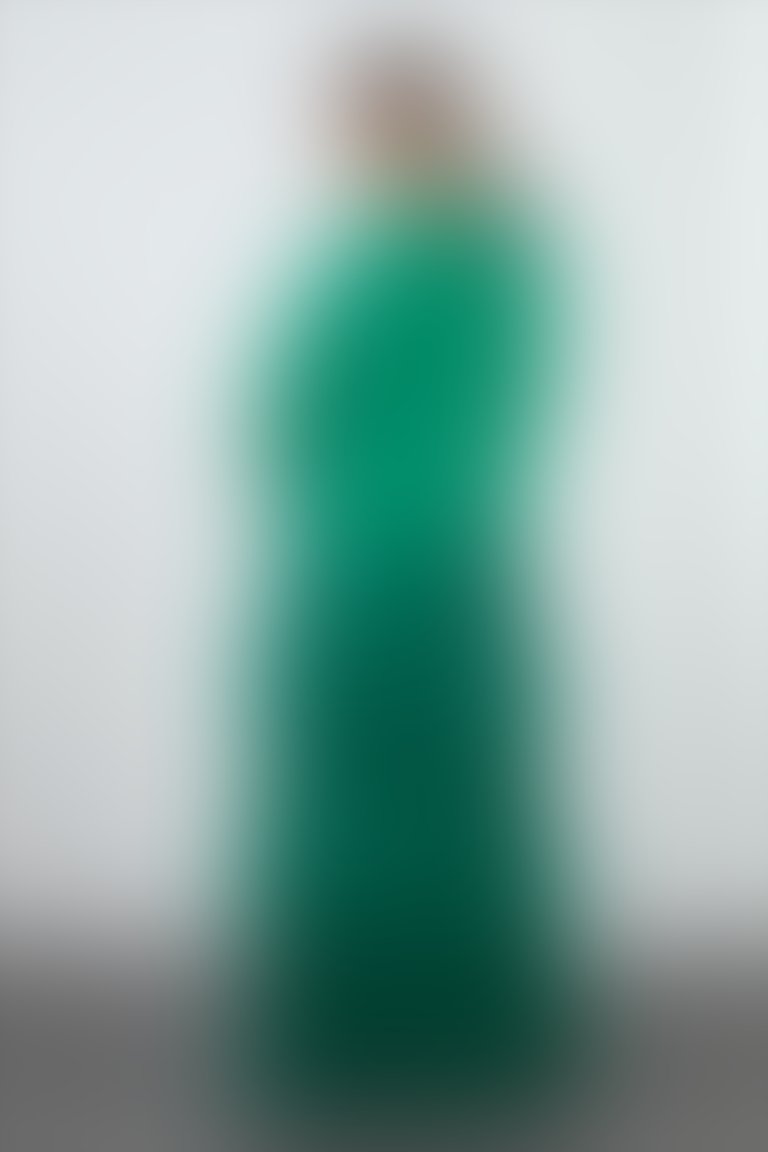 Button Detailed Pleated Green Long Dress