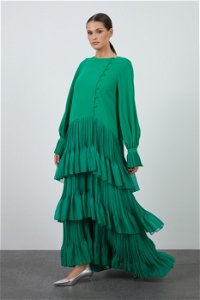 GIZIA - Button Detailed Pleated Green Long Dress