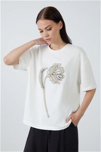 GIZIA - Printed Ecru Basic White T-shirt
