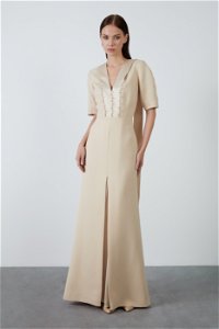 GIZIA - Long Beige Dress with Tie Detail at Neck