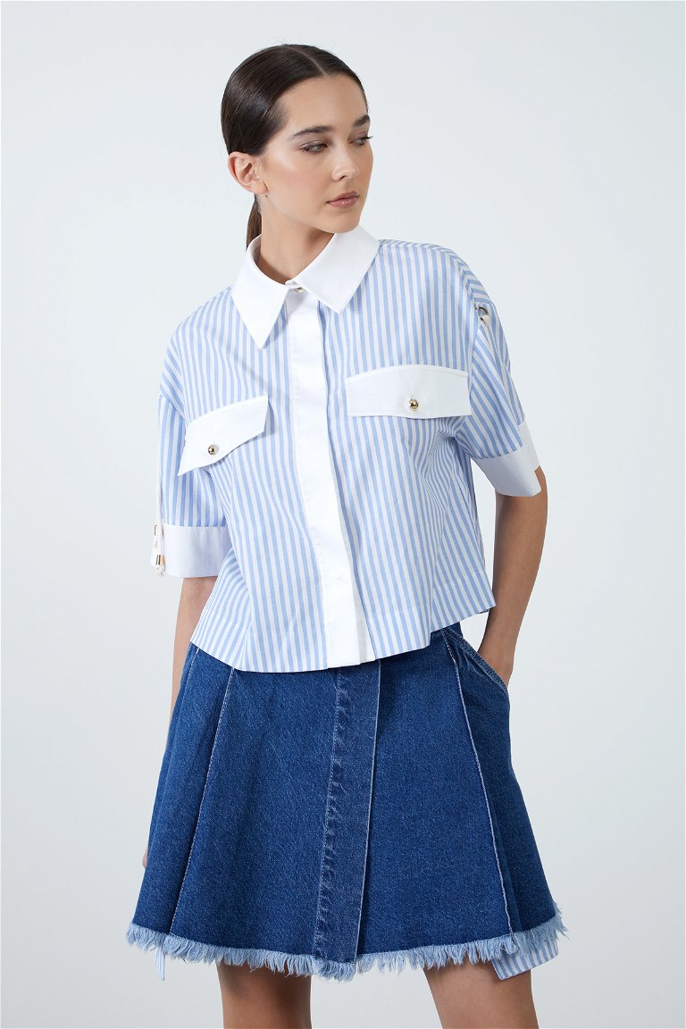 GIZIA - Blue Poplin Shirt with Shoulder Hanging Lace-Up Detail