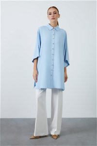 KIWE - Blue Dress with Double Collar and Metal Buttons with Side Slits