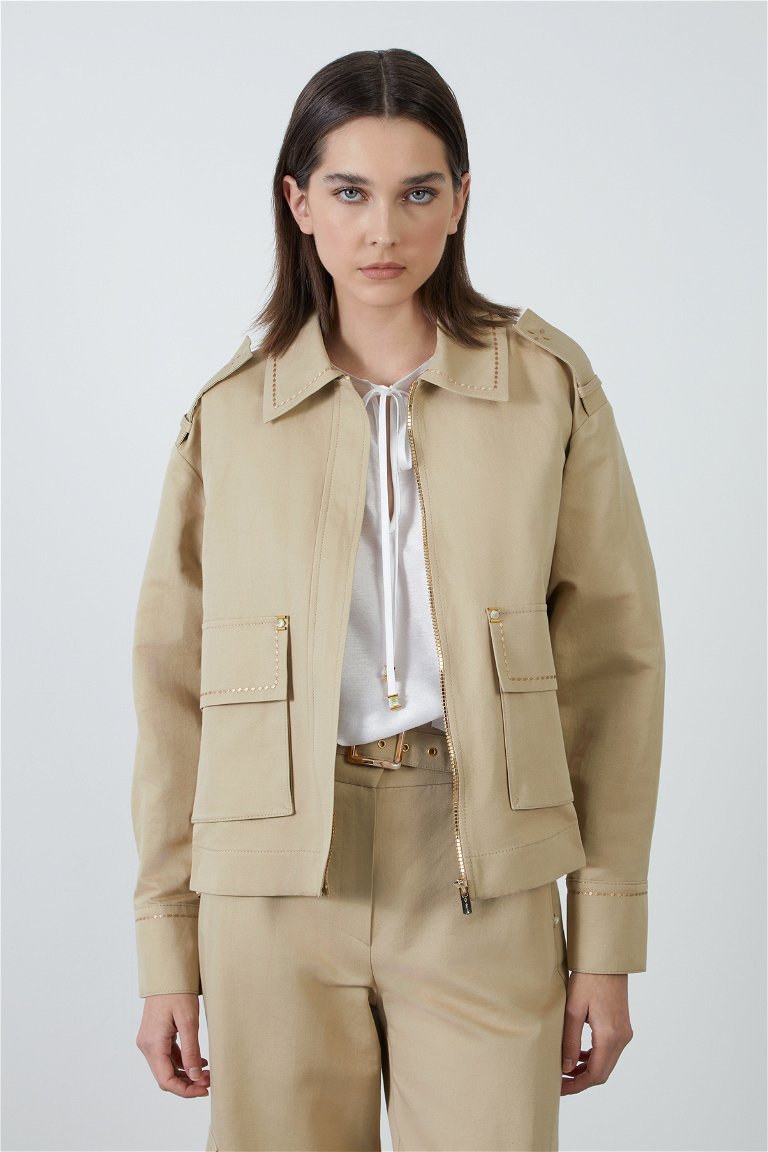 GIZIA - Beige Jacket with Embroidery Detail on Pocket Edge