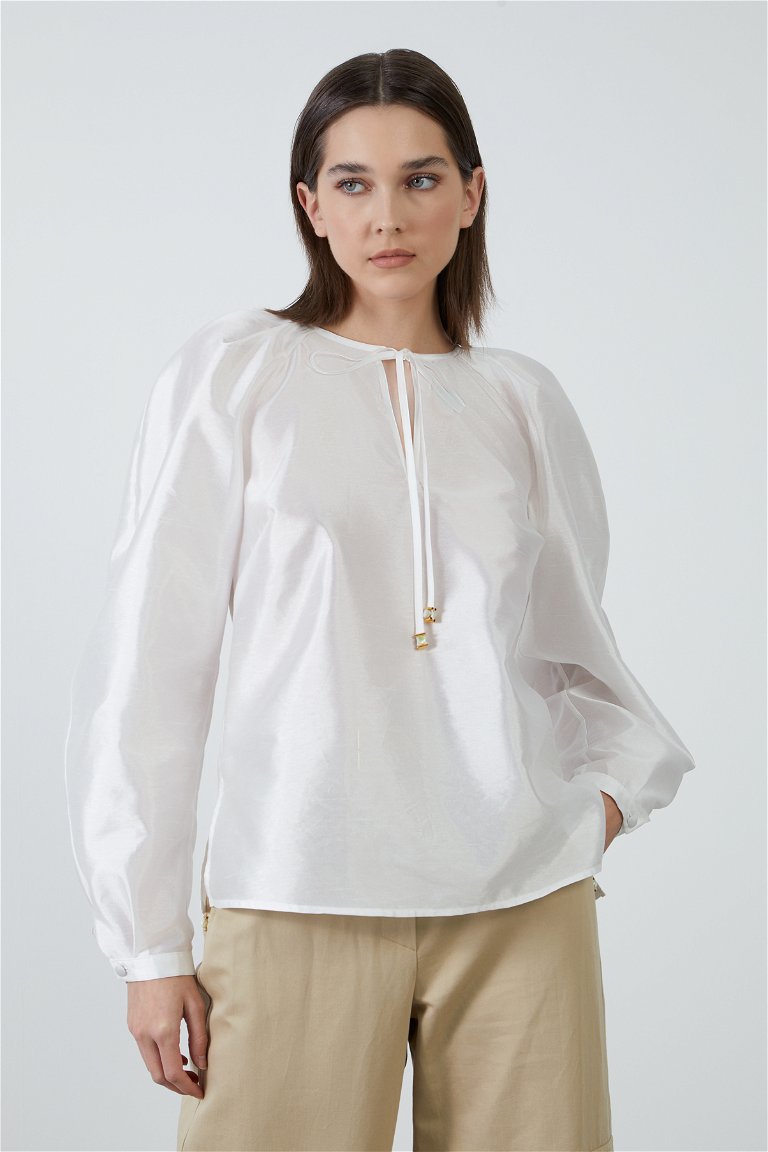 GIZIA - White Blouse with Lace-Up Embroidery Detail