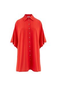KIWE - Önü Metal Düğmeli Duble Truvakar Kollu Yanları Yırtmaçlı Kırmızı Elbise