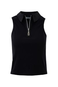 KIWE - Yakası Pamuk Kumaş Detaylı Sıfır Kol Siyah Örme Bluz
