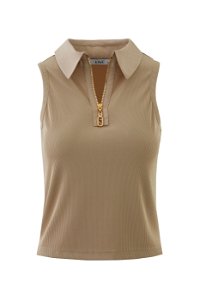 KIWE - Sleeveless Beige Knit Blouse with Cotton Fabric Detail on Collar